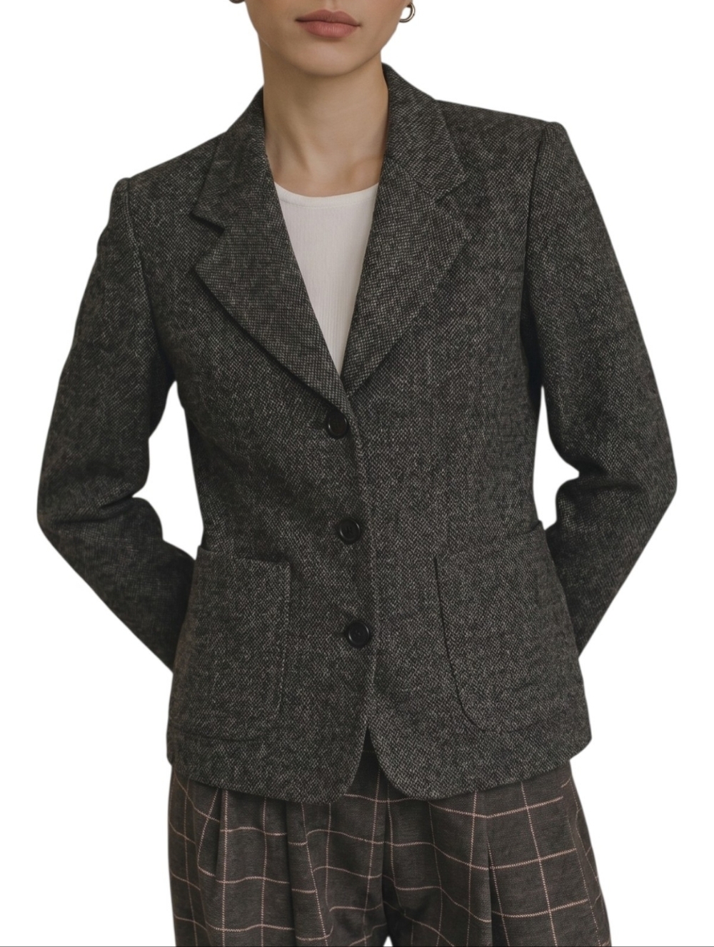 * L. L. Bean Herringbone Tweed Blazer w/ Black Leather Buttons- Size 8P- Vintage
